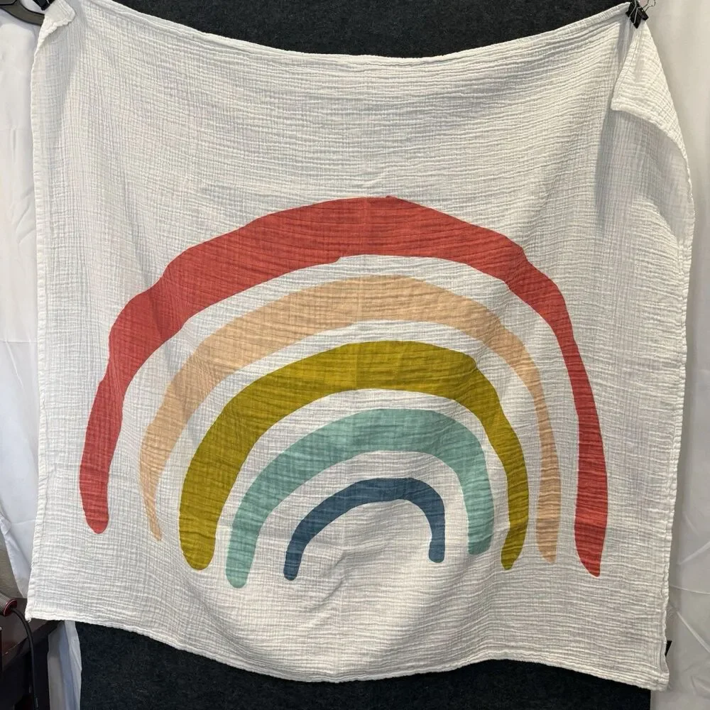 Clementine Kids Rainbow Swaddle Baby Blanket White Cotton Muslin Blue
